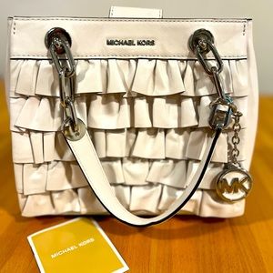 Michael Kors Cynthia Ruffled Leather Small Satchel White